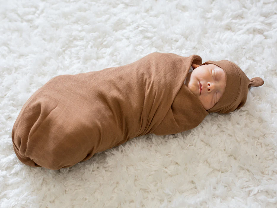 Hello World Baby Swaddle & Hat Set - Tan - Image 4