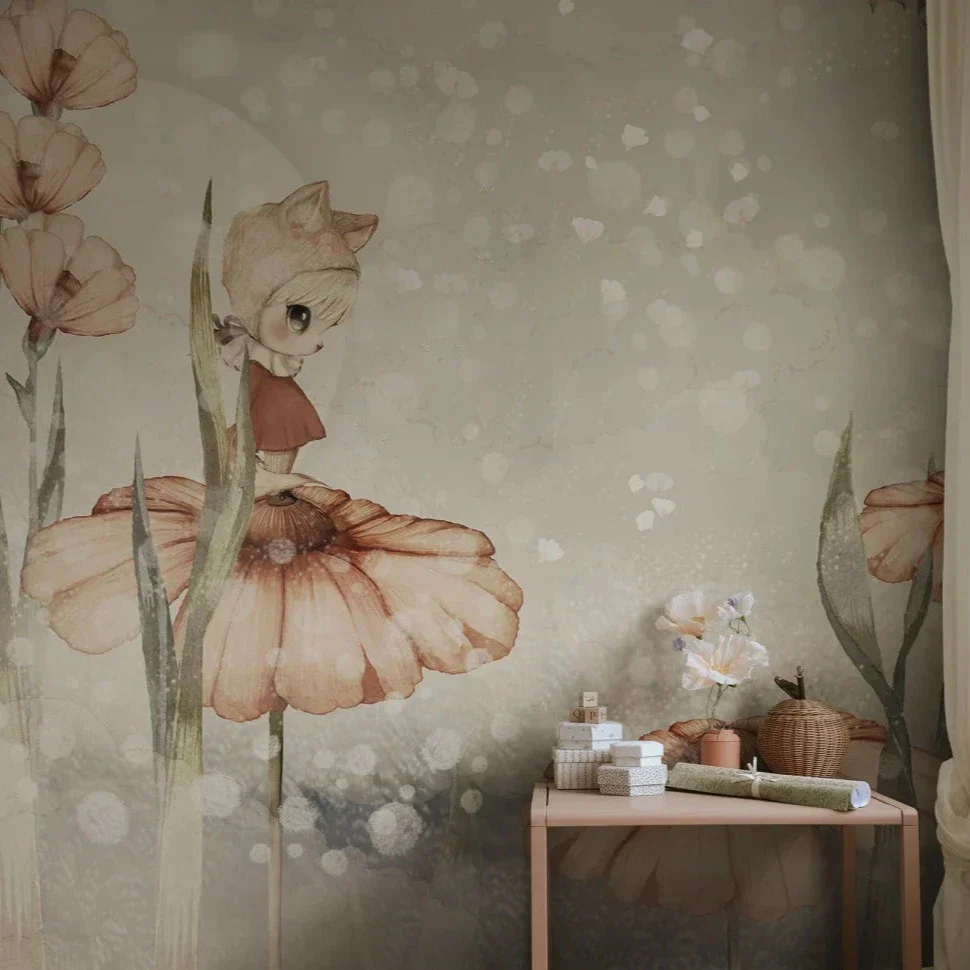 Kids Custom Wall Mural - Bloomy Fields Of Marion In Grey Green