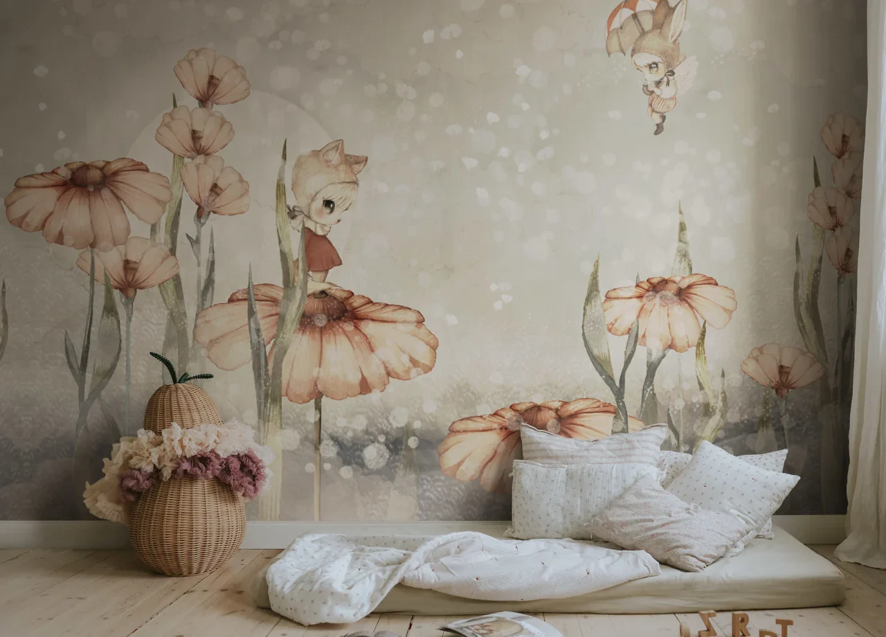 Kids Custom Wall Mural - Bloomy Fields Of Marion In Grey Green - Image 2