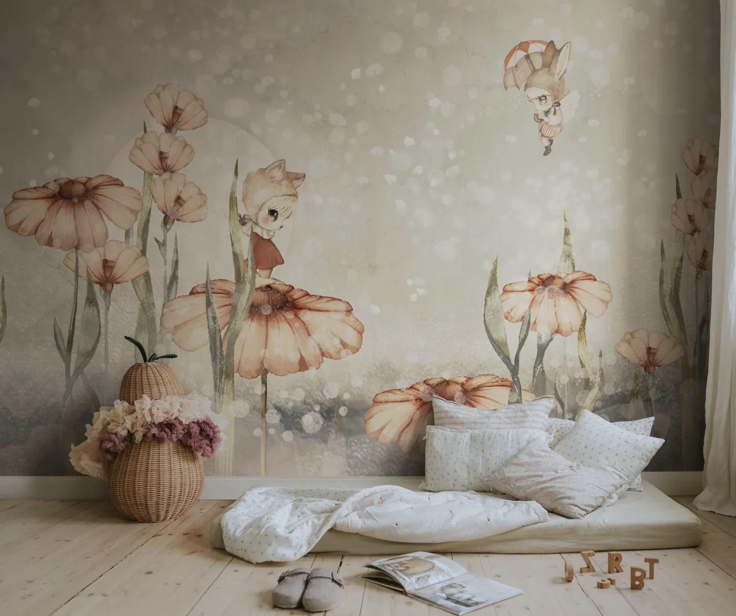 Kids Custom Wall Mural - Bloomy Fields Of Marion In Grey Green - Image 3