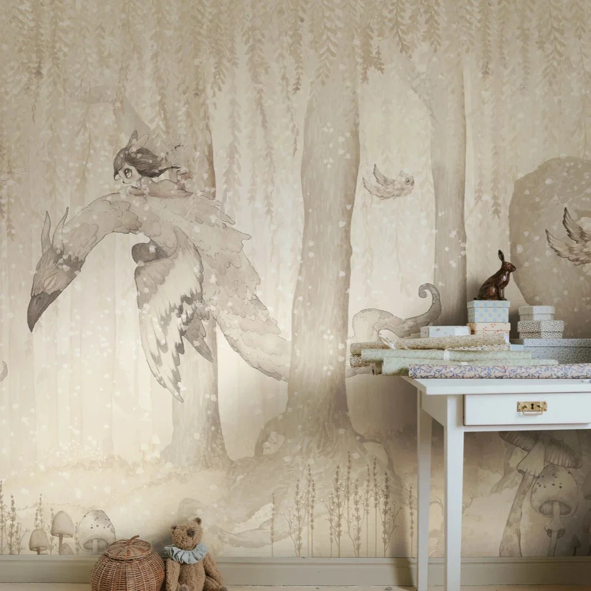 Kids Custom Wall Mural - Dream Forest Girl Off White