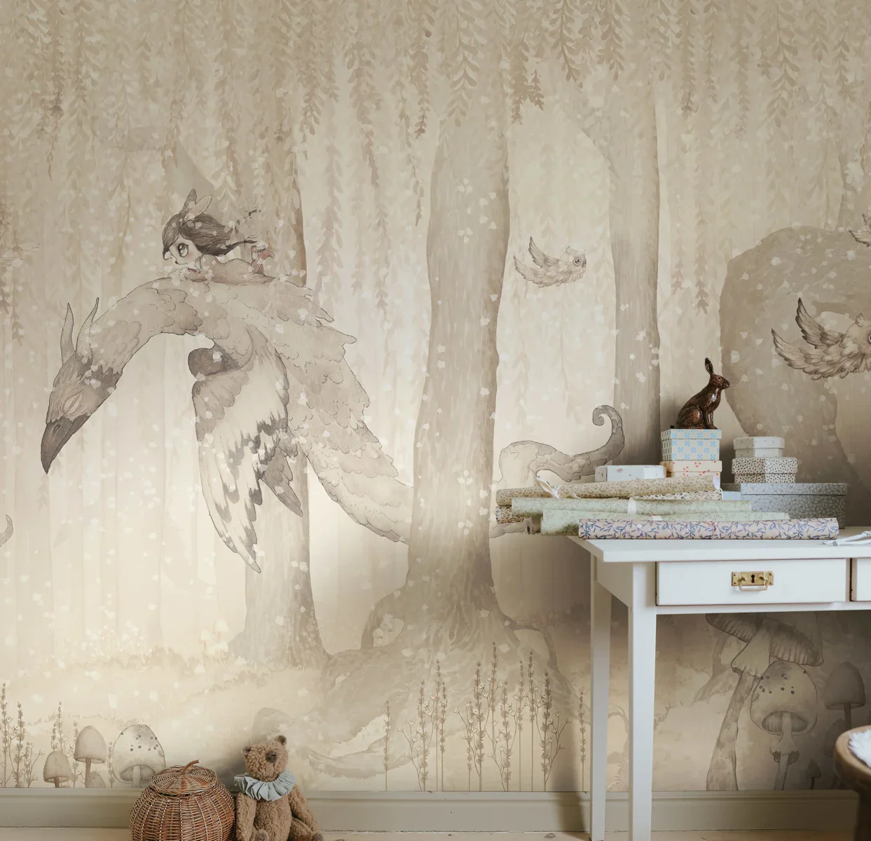 Kids Custom Wall Mural - Dream Forest Girl Off White - Image 3